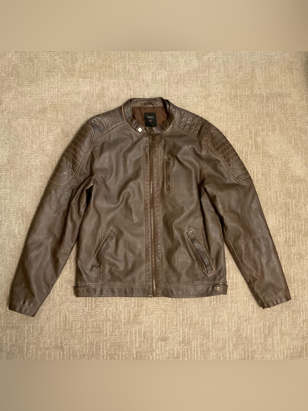 GUESS Men Jacket Brown Faux‑Leather Moto Bomber XL EUC Streetwear Timeless Fall